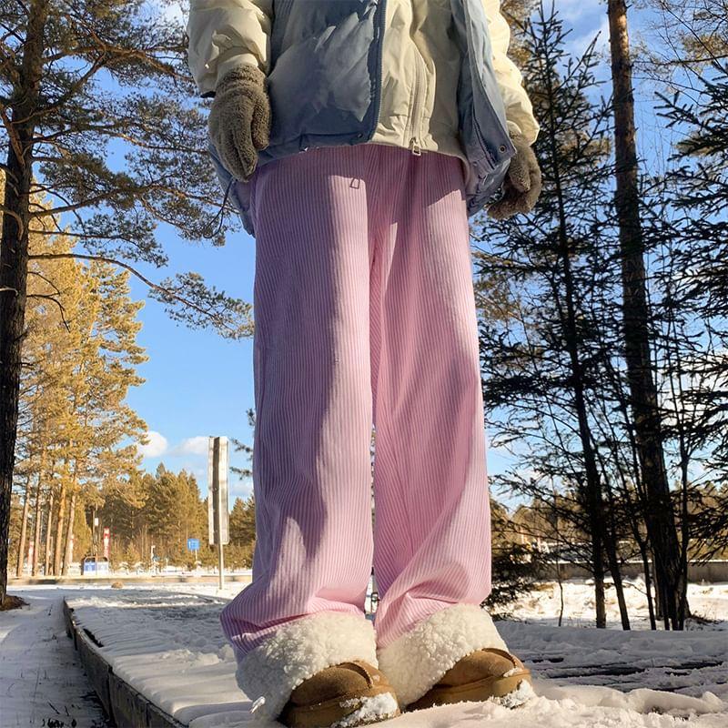 Mid Rise Striped Fluffy Trim Wide Leg Pants Product Image