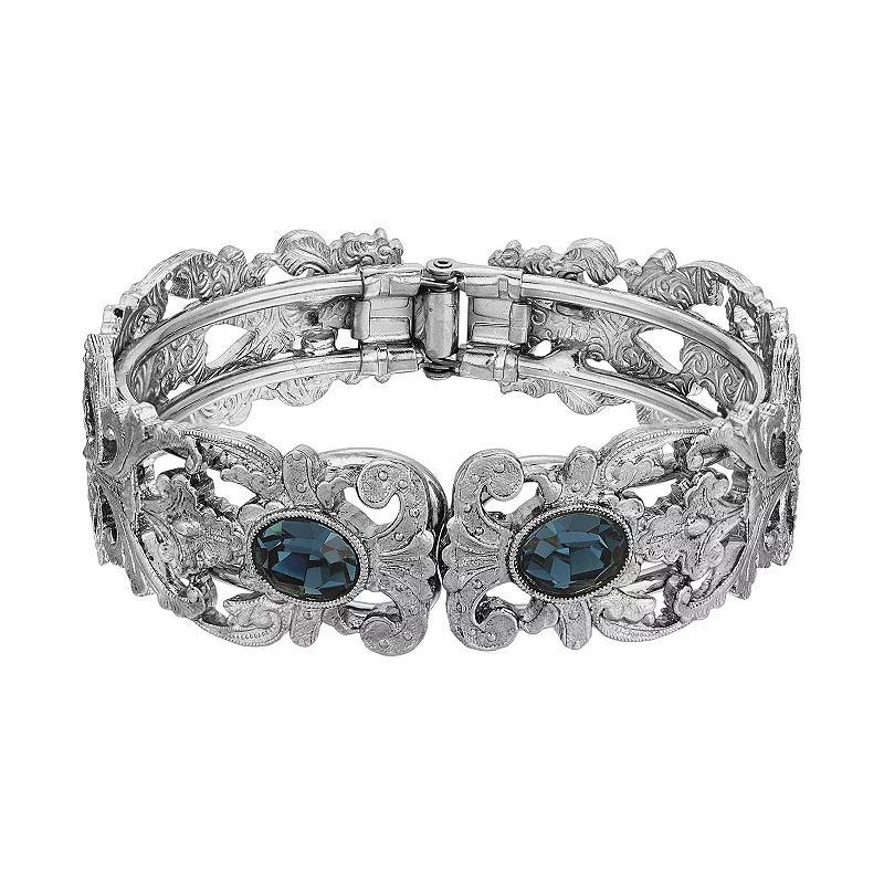 1928 Silver Tone Simulated Crystal Filigree Cuff Bracelet, Womens, Light Blue Product Image