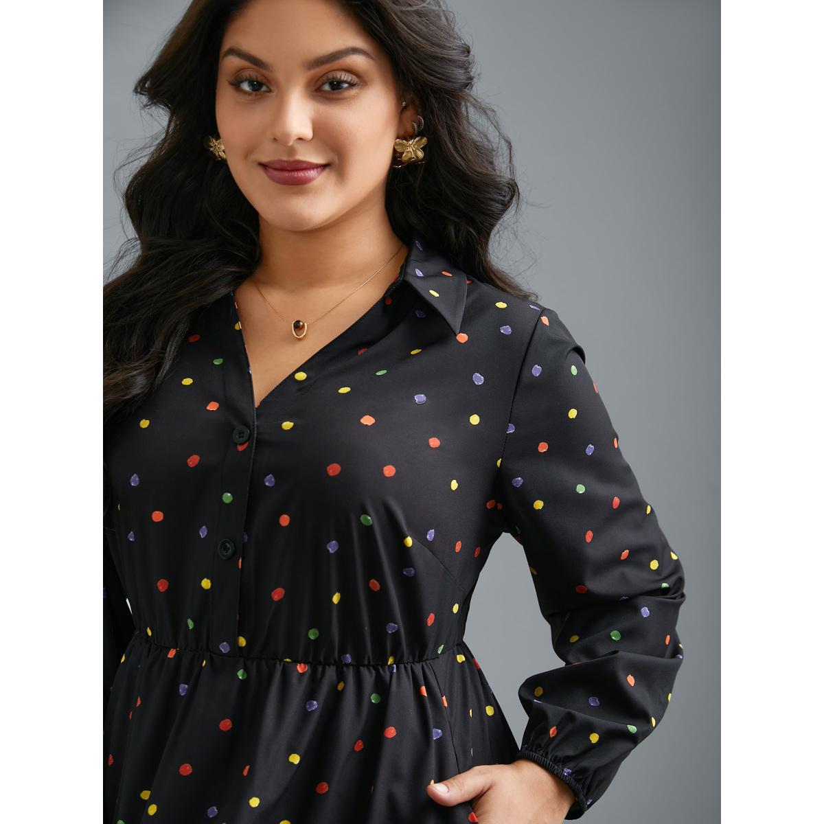 Plus Size Shirt Collar Colored Polka Dot Dress Black Women Elegant Button Shirt collar Long Sleeve Curvy BloomChic 12/L Product Image