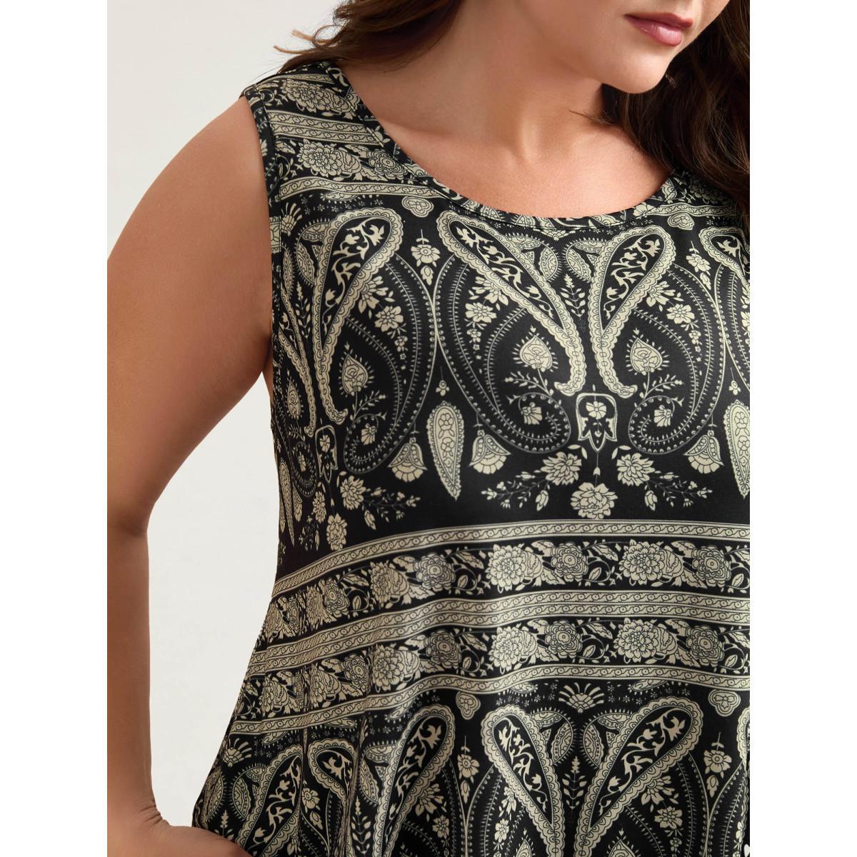 Plus Size Boho Print Flared Tank Top Women Black Casual Asymmetrical Round Neck Everyday Tank Tops Camis BloomChic 26/4X Product Image