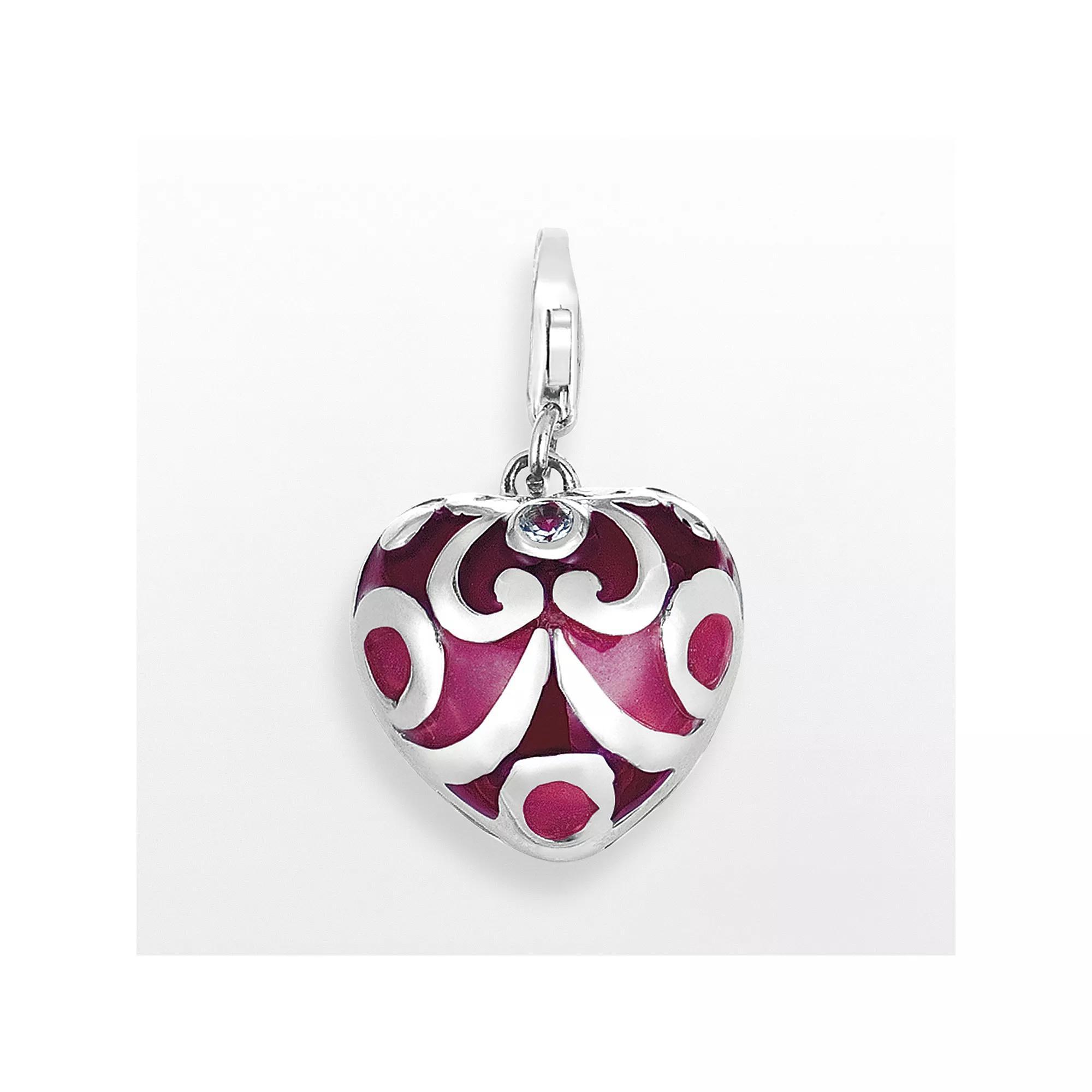 Sterling Silver White Topaz Scroll Heart Charm, Women's Product Image