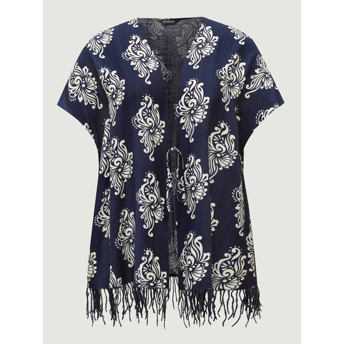 Plus Size Boho Print Tassels Hem Kimono Women Indigo Tie knot Loose Vacation Kimonos BloomChic 30/6X Product Image