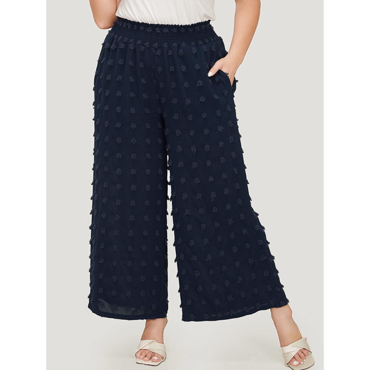 Plus Size Polka Dot Shirred Waist Pocket Wide Leg Pants Women Indigo Elegant Straight Leg High Rise Dailywear Pants BloomChic 12/L Product Image