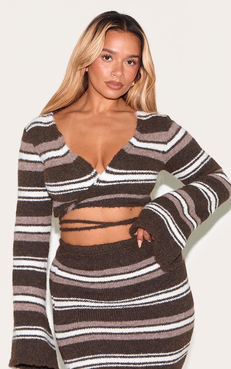Shape Chocolate Brushed Striped Knit Tie Front Top Product Image