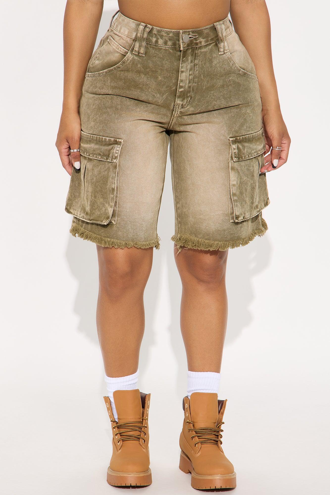Live And Learn Cargo Denim Jorts - Olive Product Image