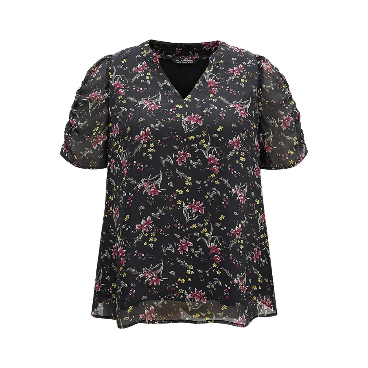 Plus Size BlackFlower Chiffon Ditsy Floral Puff Sleeve Gathered Blouse Women Elegant Short sleeve V-neck Everyday Blouses BloomChic 18-20/2X Product Image