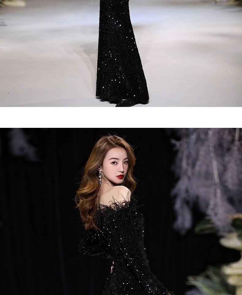 Long-Sleeve Off Shoulder Plain Sequin Feather Trim Sheath Evening Dress Product Image