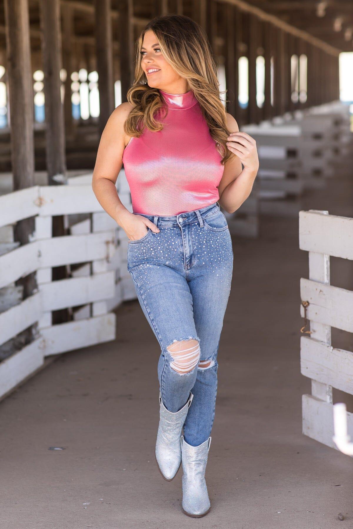 Hot Pink Metallic Mock Neck Bodysuit Product Image