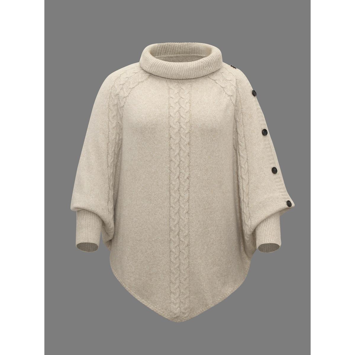 Plus Size Turtleneck Cable Knit Asymmetrical Hem Pullover Champagne Women Casual Loose Long Sleeve Ruffled collar Everyday Pullovers BloomChic 28/5X Product Image