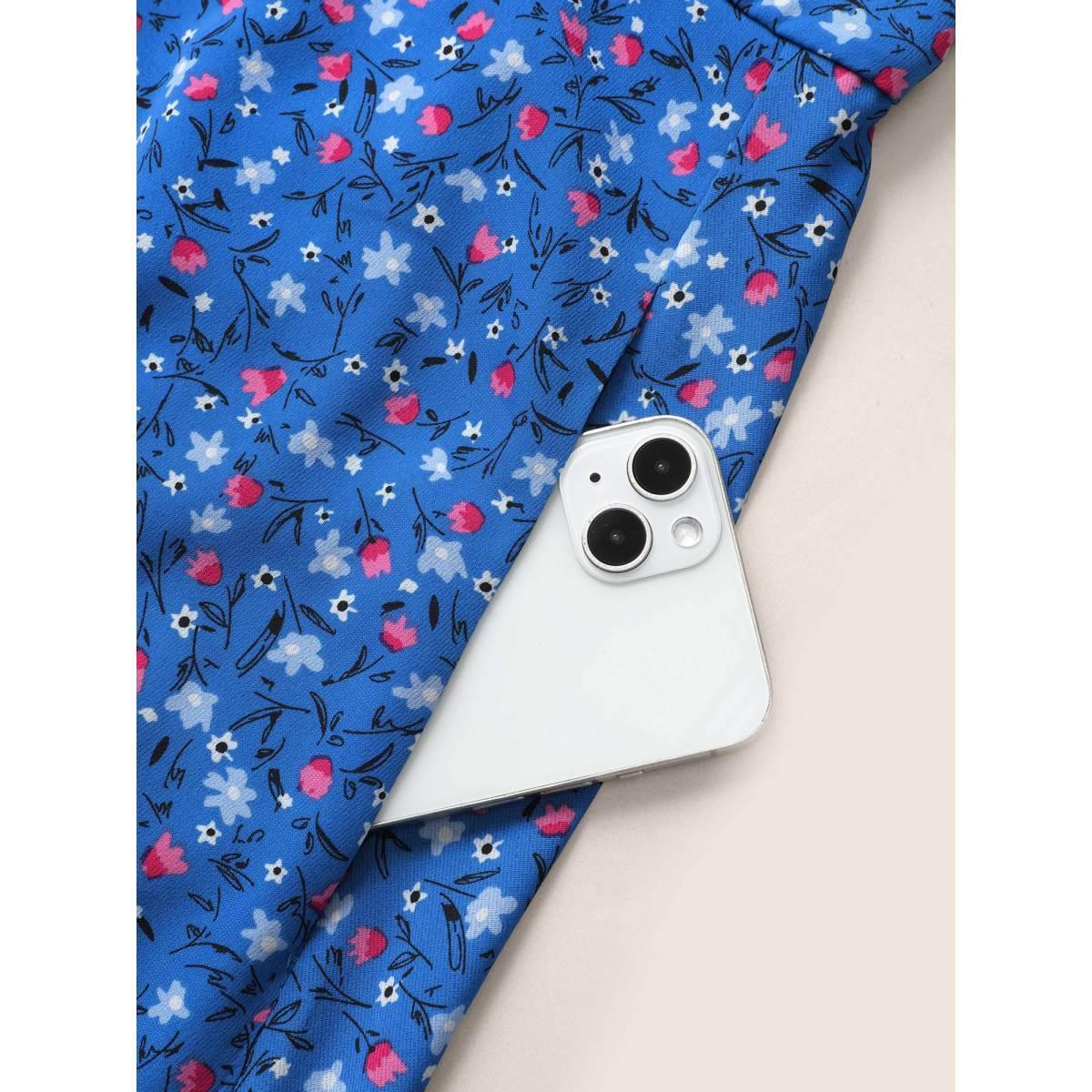 Plus Size Ditsy Floral Drawstring Shirred Cuffs Dress Blue Women Elegant Non Square Neck Half Sleeve Curvy Midi Dress BloomChic 10/M Product Image