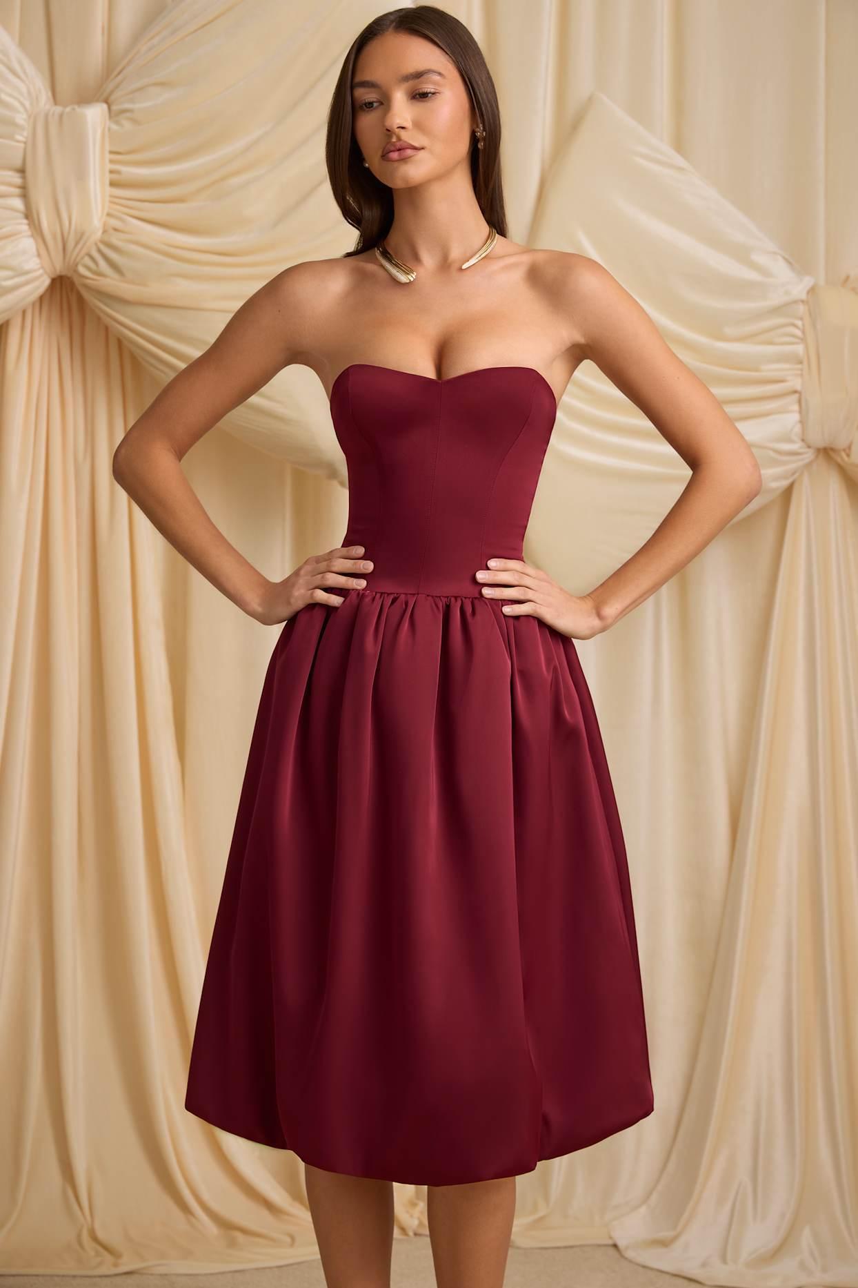 Convertible Bow-Detail Bubble Hem Midaxi Dress in Wine Red Product Image
