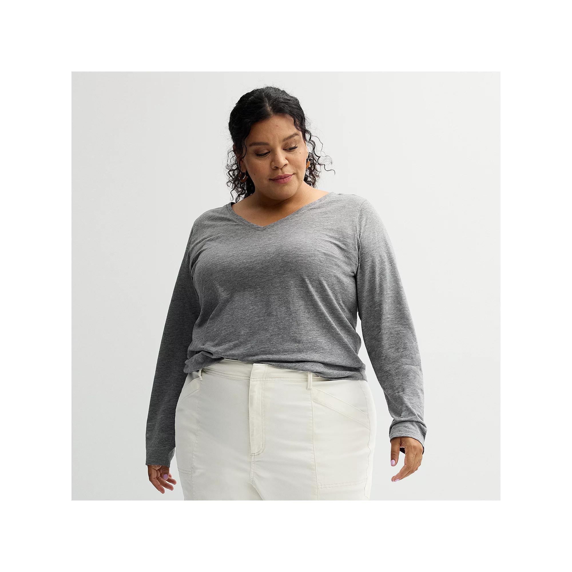 Plus Size Sonoma Goods For Life® Everyday Long Sleeve V-Neck Tee, Women's, Size: 5XL, Grey Product Image