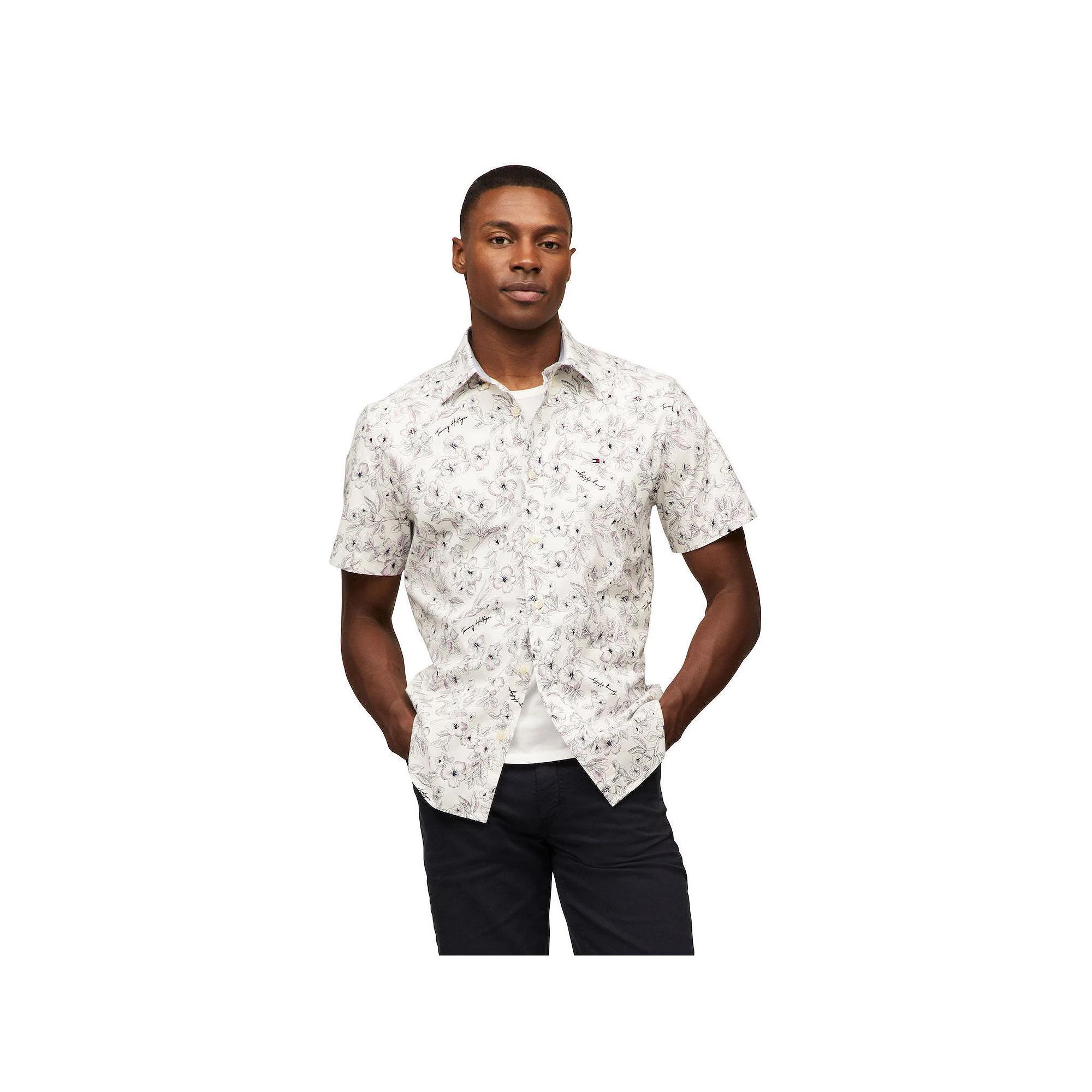 Men's Tommy Hilfiger Short Sleeve Printed Shirt, Size: Medium, Surf Blue Product Image