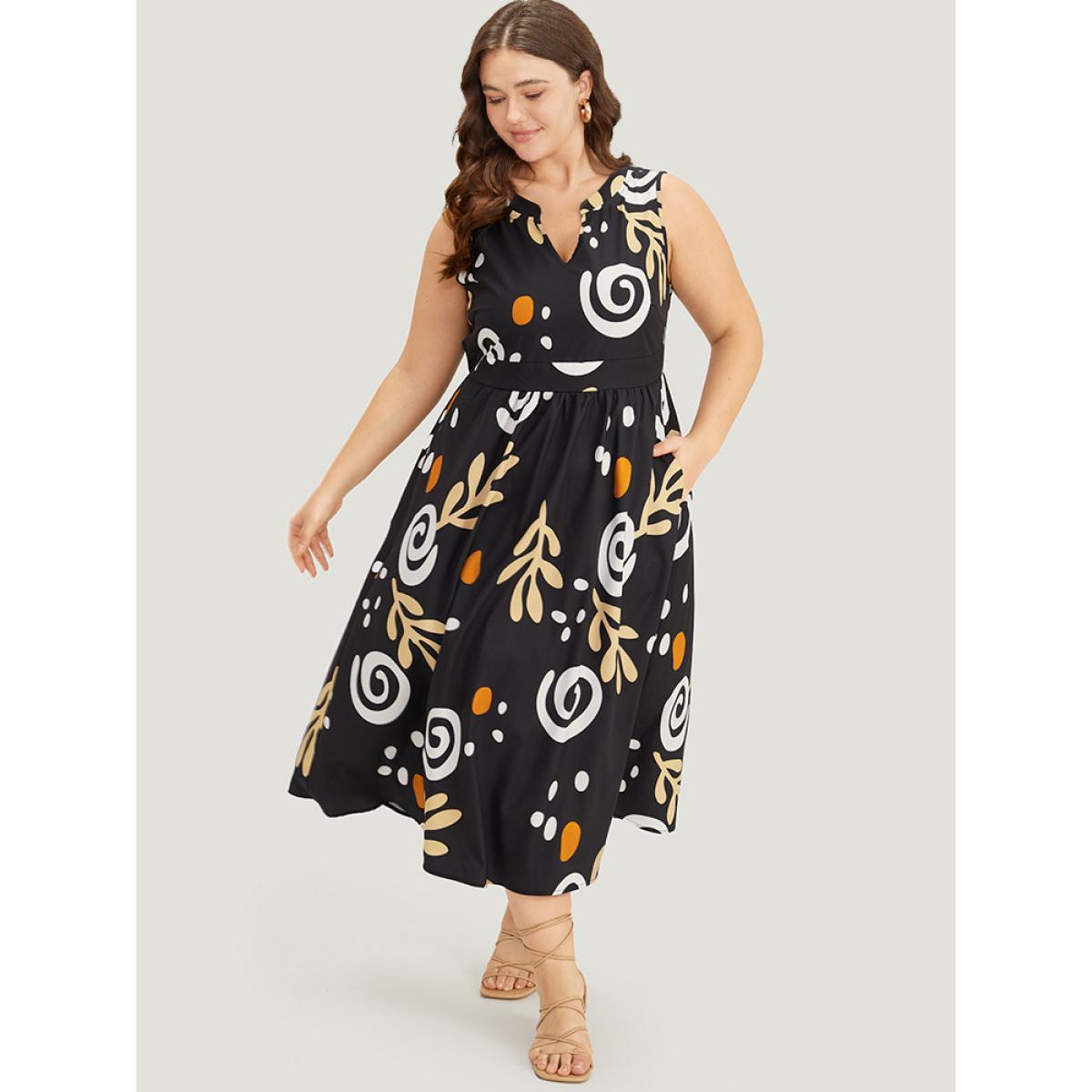 Plus Size Graphic Print Notched Pocket Tank Dress DarkGreen Women Vacation Printed Notched collar Sleeveless Curvy Midi Dress BloomChic 18-20/2X Product Image