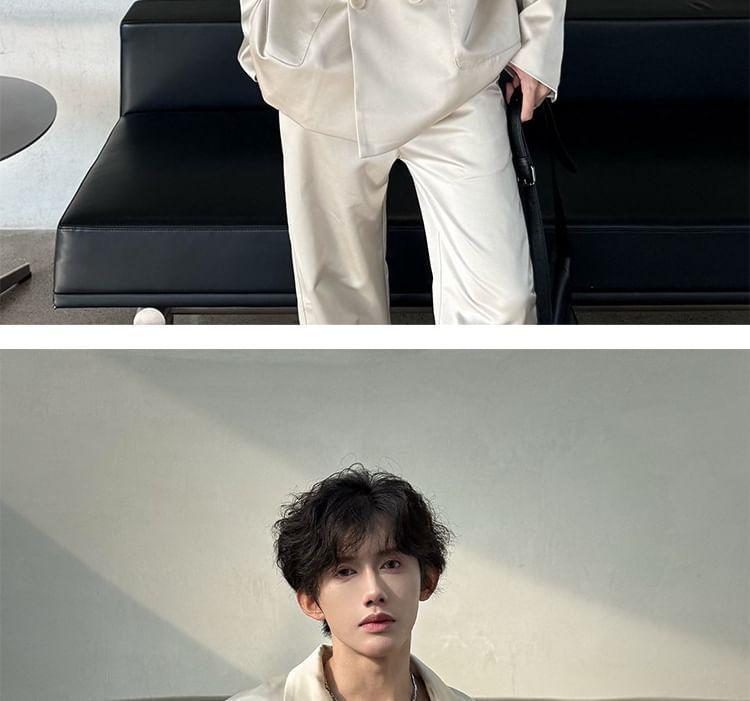 Lapel Collar Plain Double Breasted Blazer / Mid Rise Plain Straight Leg Dress Pants Product Image