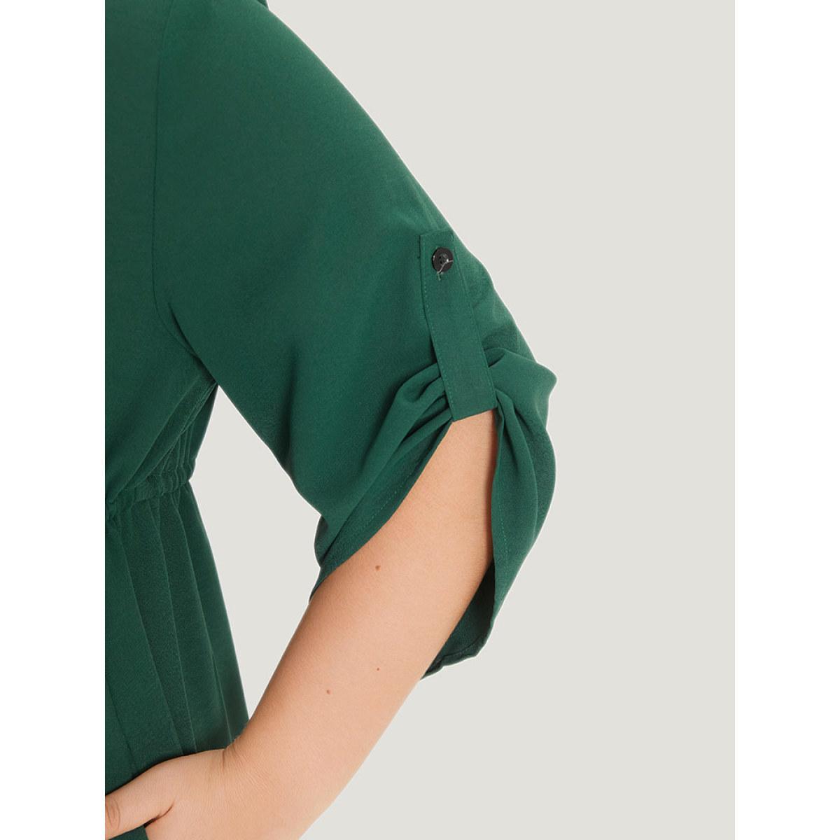 Plus Size Plain Drawstring Pocket Zipper Notched Gathered Tab Sleeve Dress Green Women Office Zipper Notched collar Half Sleeve Curvy Knee Dress BloomChic 22-24/3X Product Image