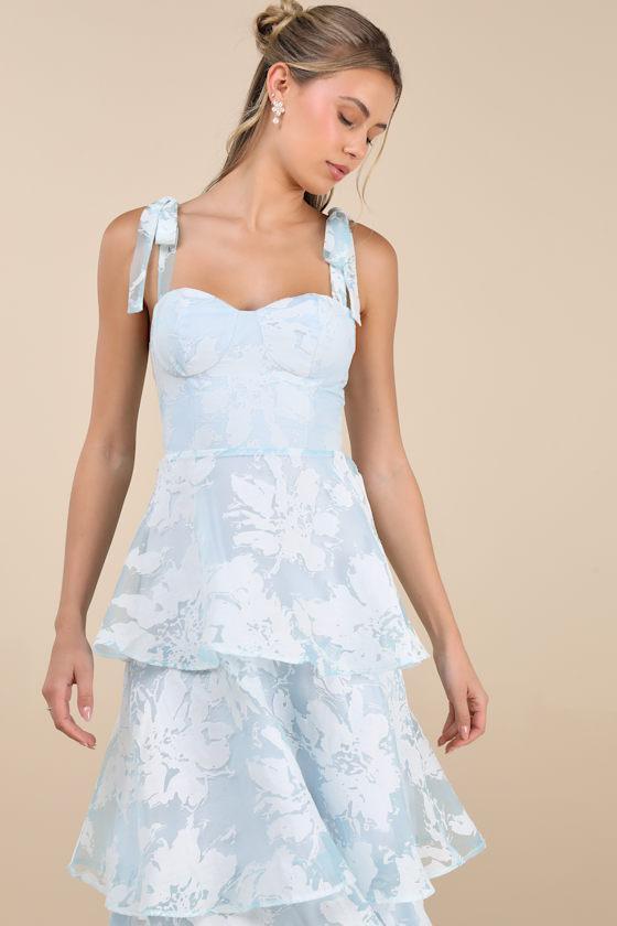 Drayson Light Blue Floral Burnout Tie-Strap Tiered Midi Dress Product Image