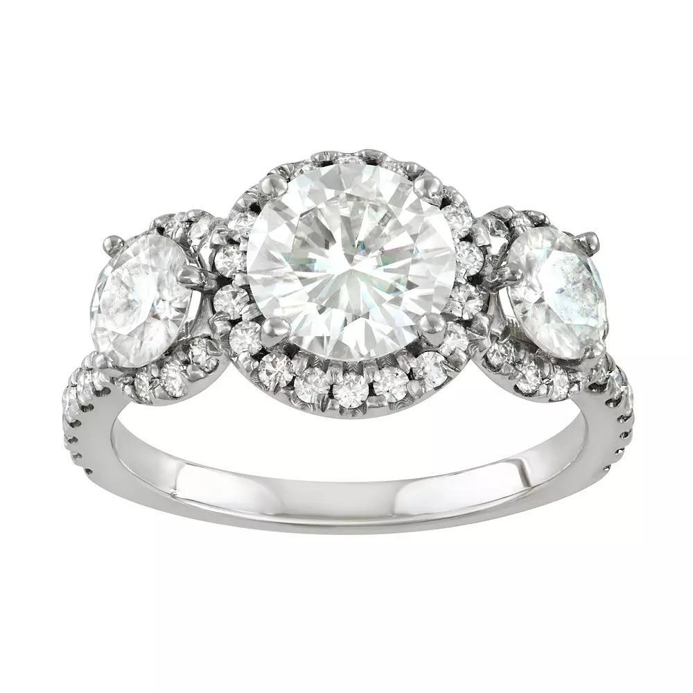 Charles & Colvard 14k White Gold 3 1/10 Carat T.W. Lab-Created Moissanite Three Stone Halo Ring, Women's, Size: 6 Product Image