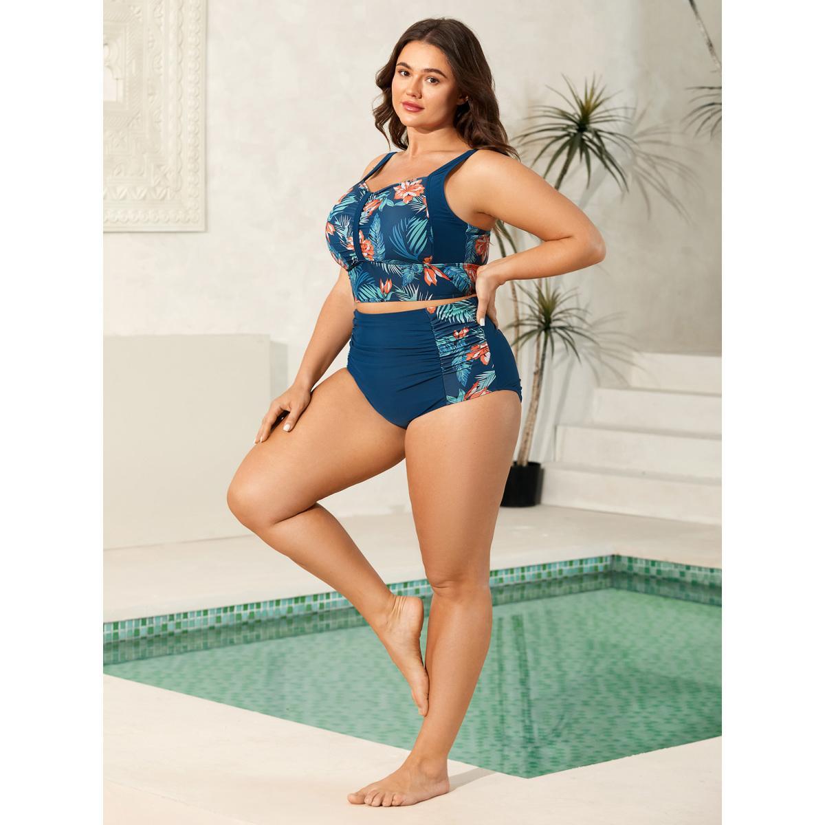 Plus Size Tropical Print Ruched Swim Bottoms Women's Swimwear Indigo Beach Gathered High stretch Skinny High Rise Curve Swim Bottoms BloomChic 14-16/1X Product Image