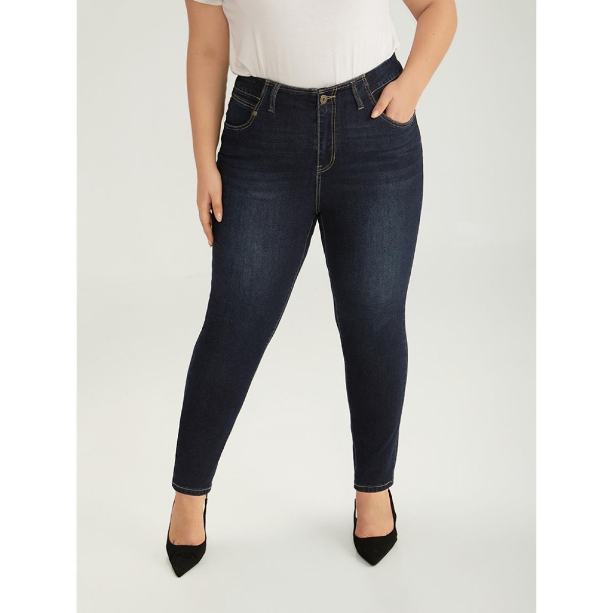 Plus Size Solid Stitch Very Stretchy Patchwork Waist Jeans Women Midnight Casual Plain Plain High stretch Pocket Jeans BloomChic 24/3X Product Image
