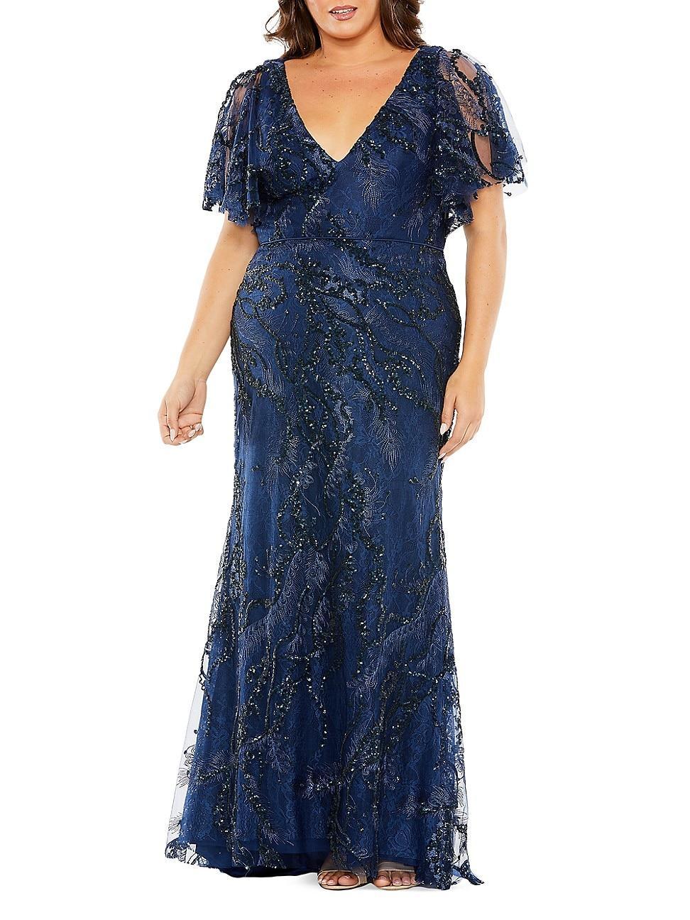Mac Duggal Plus Size Short Flutter Sleeve V Product Image