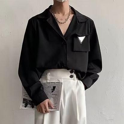 Long-Sleeve Lapel Collar Triangle Applique Shirt Product Image