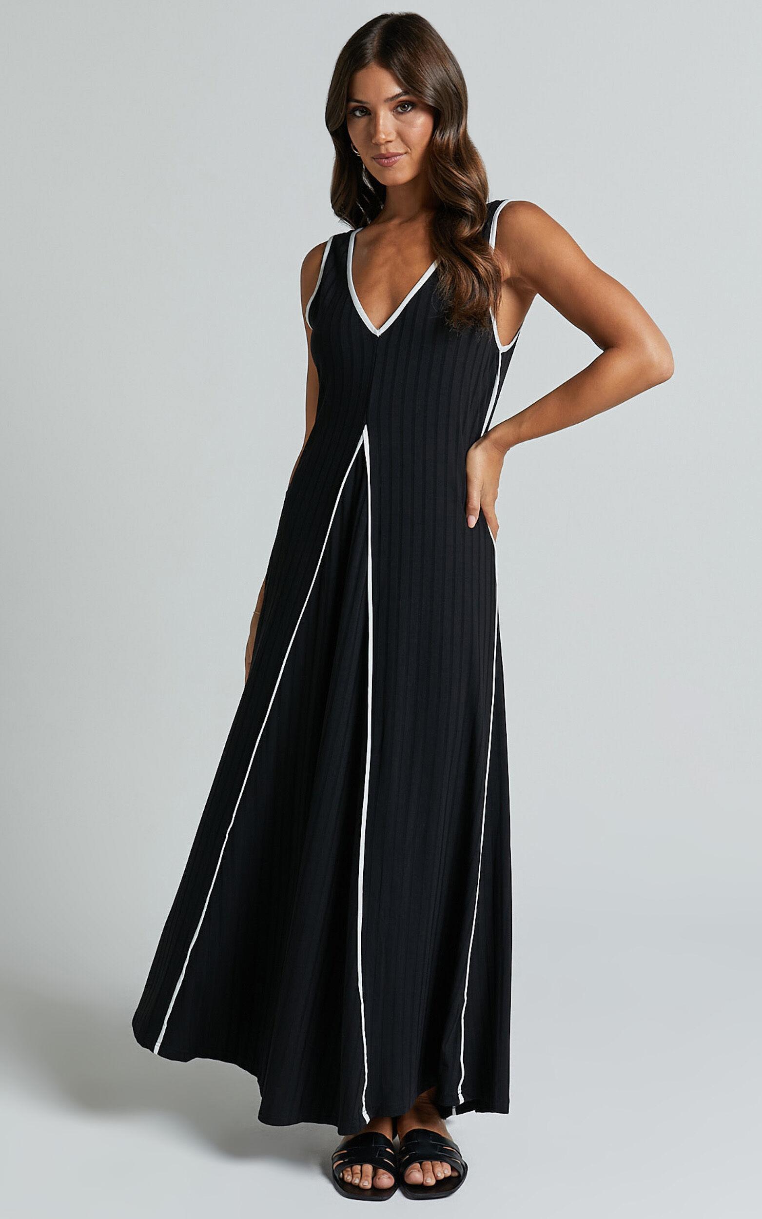 Cathleen Midi Dress - Ribbed Sleeveless Low Back Dress in Black Product Image
