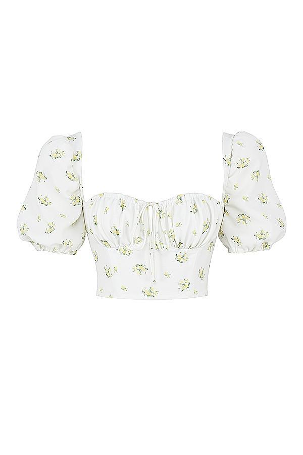 Arianna Ivory Floral Puff Sleeve Cropped Top Product Image