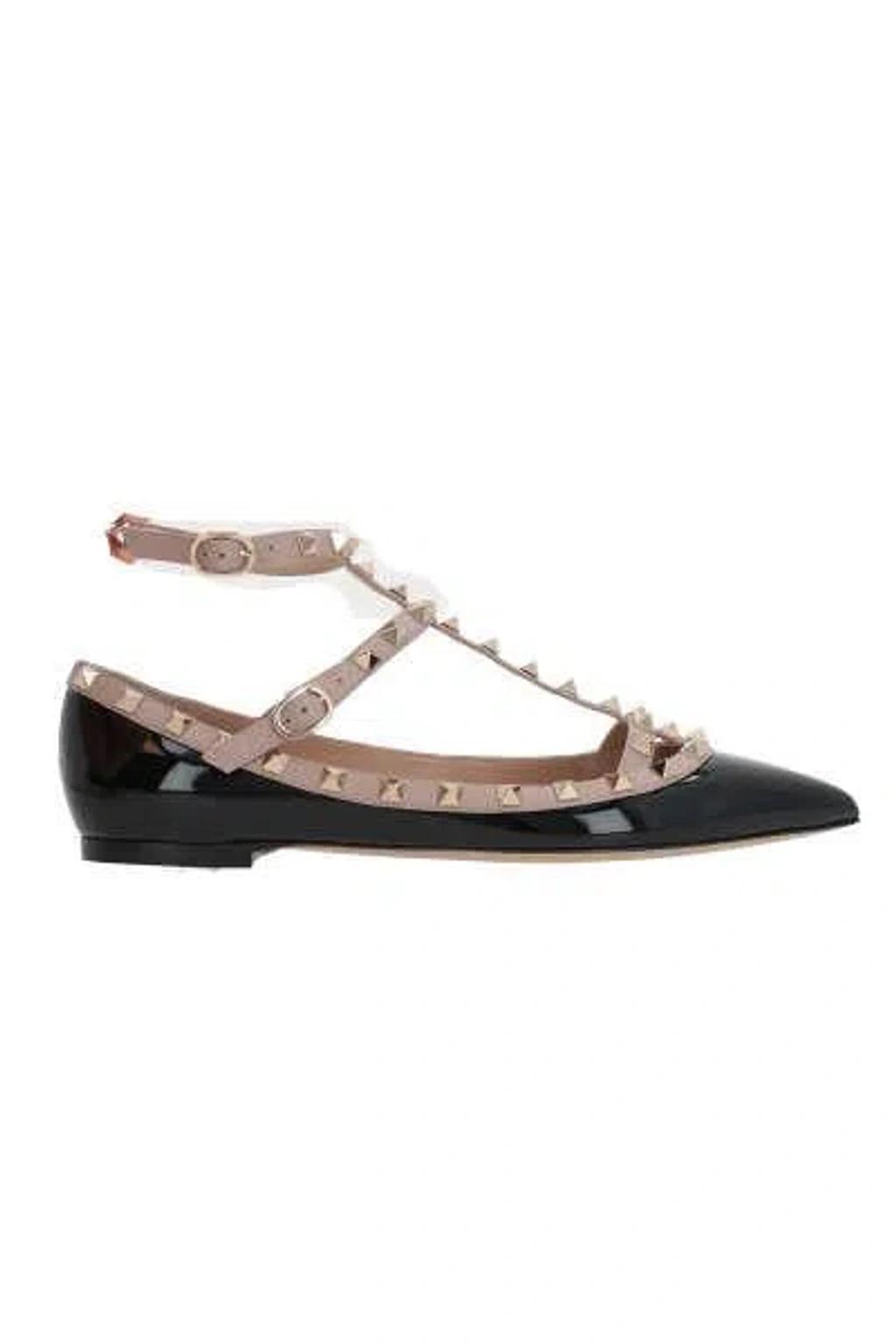 VALENTINO GARAVANI Rockstud Leather Flat Ballerina Shoes In Black Product Image
