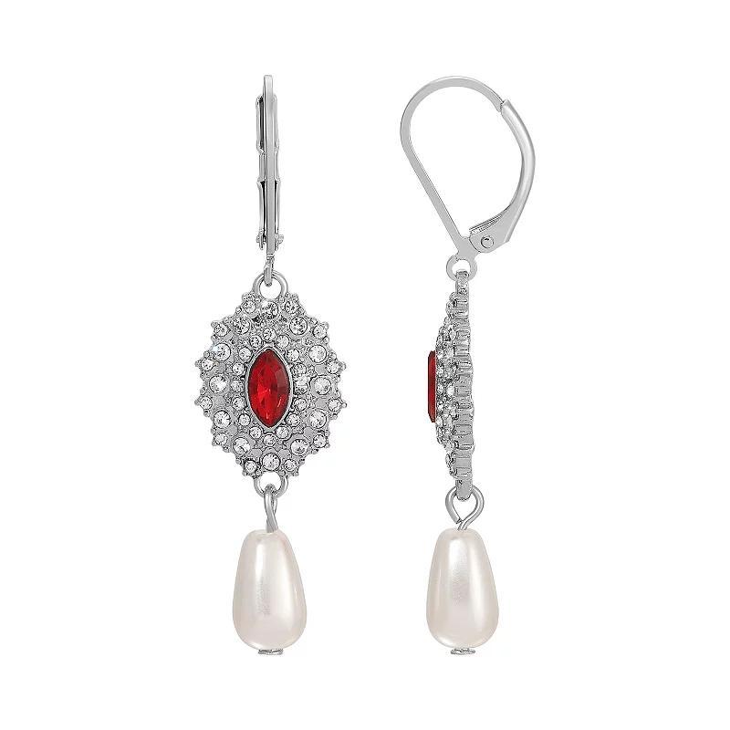 1928 Silver Tone Crystal & Simulated Pearl Starburst Drop Earrings, Women's, Red Product Image