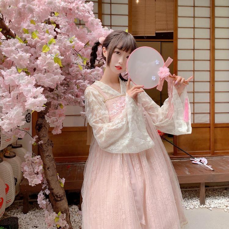 Long-Sleeve V-Neck Floral Embroidered Blouse / Floral Embroidered Midi Jumper Dress Product Image