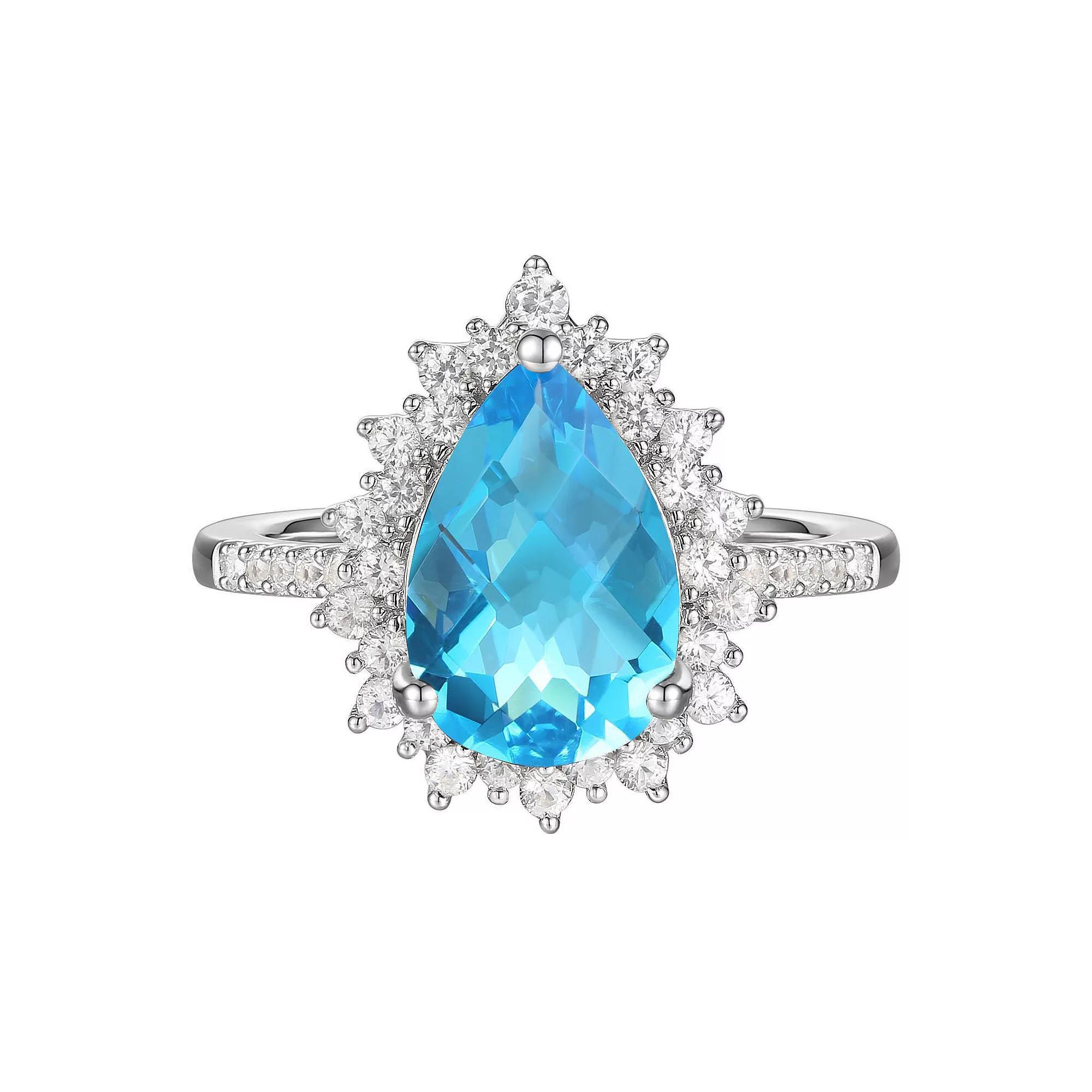 Sterling Silver Blue Topaz, Lab-Created White Sapphire Solitaire Ring, Women's, Size: 7 Product Image