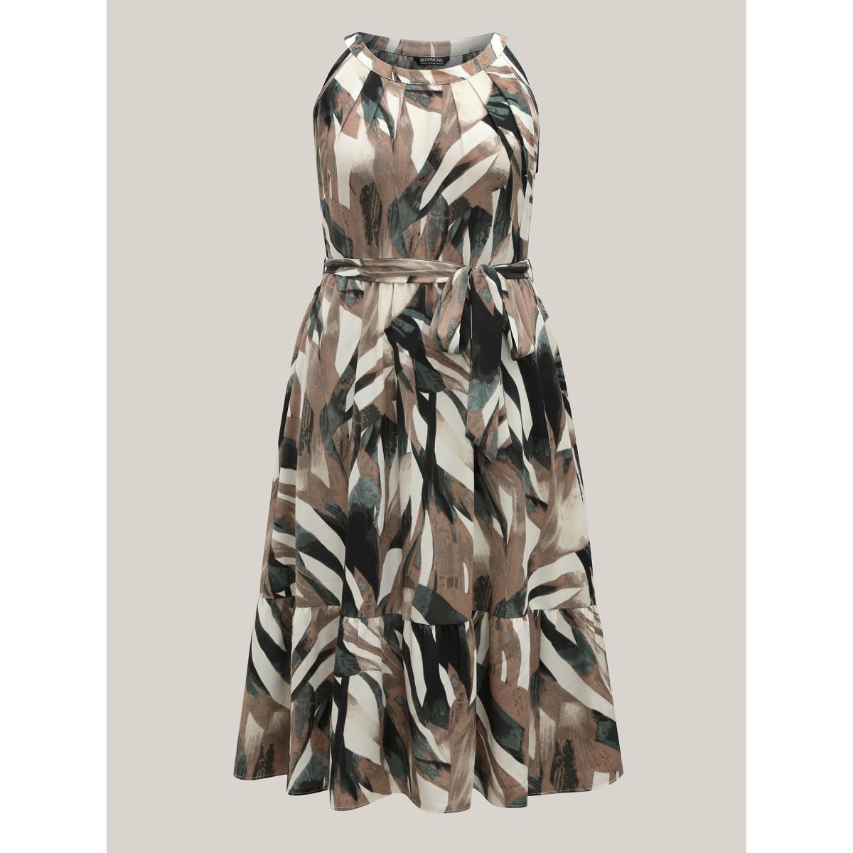 Plus Size Leaf Print Halter Neck Tiered Midi Dress DarkGreen Women Resort Belted Round Neck Sleeveless Curvy BloomChic 22-24/3X Product Image