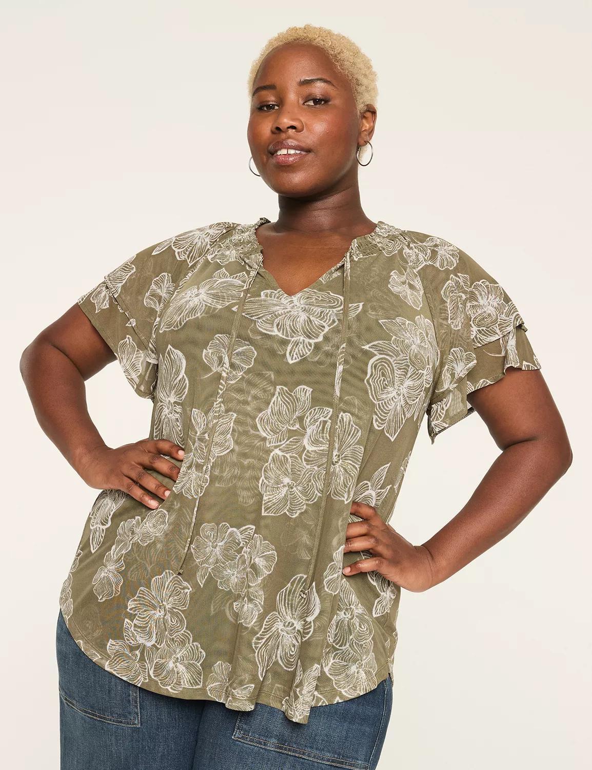 Mesh Smocked Tie-Neck Top Product Image
