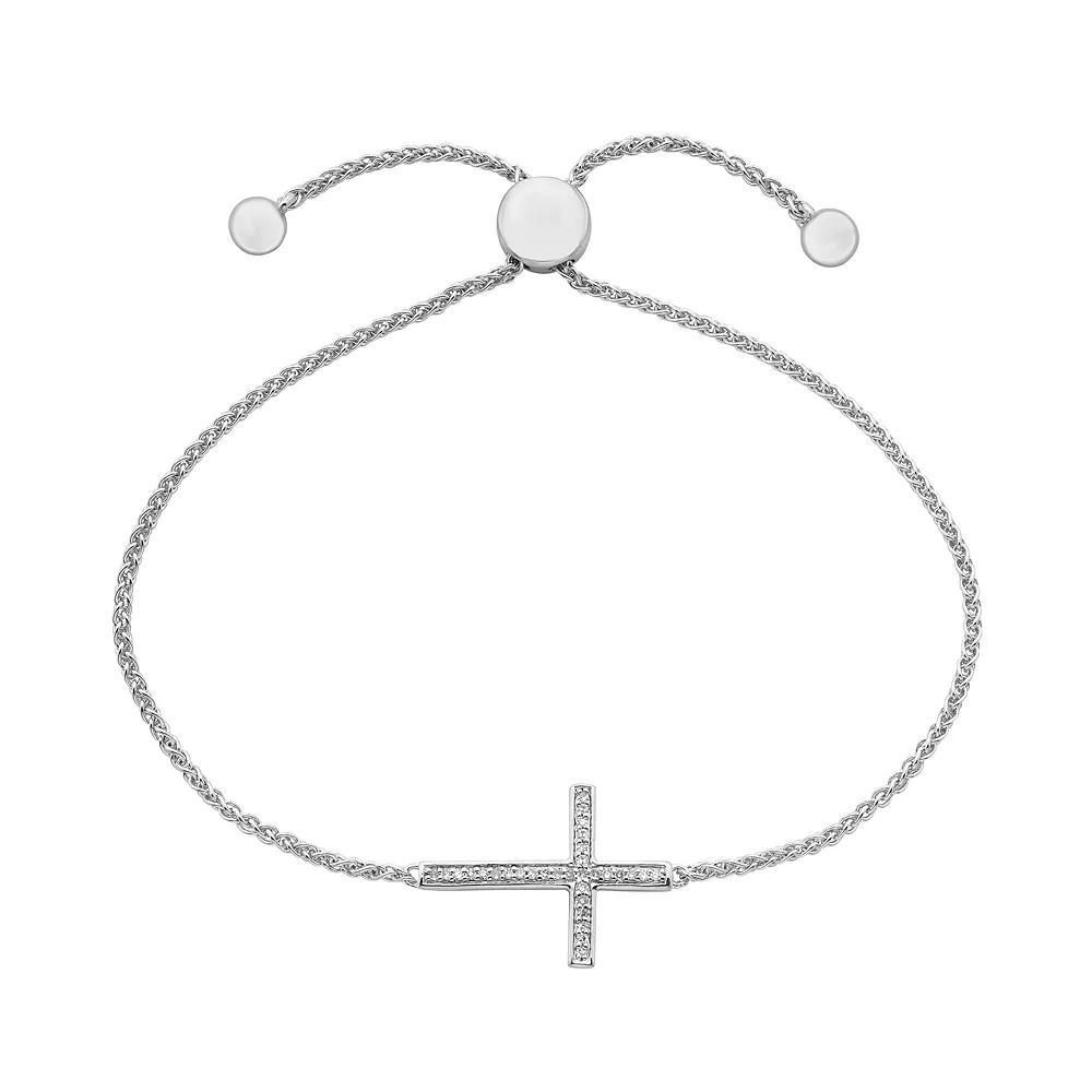 Sterling Silver 1/10 Carat T.W. Diamond Sideways Cross Bolo Bracelet, Womens White Product Image