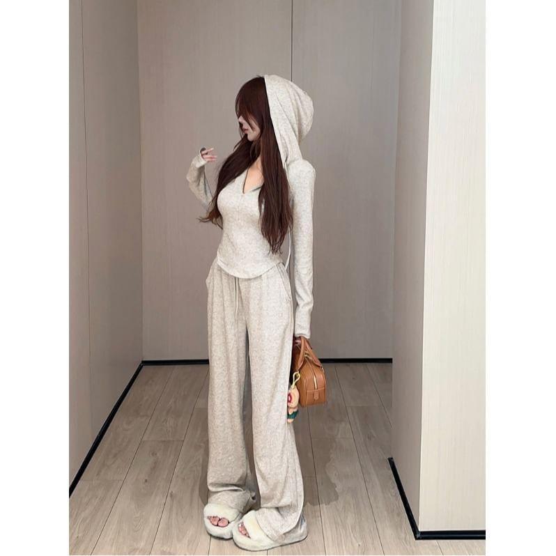 Long Sleeve Plain Hood Half Zip Top /  Drawstring Waist Wide Leg Pants Product Image