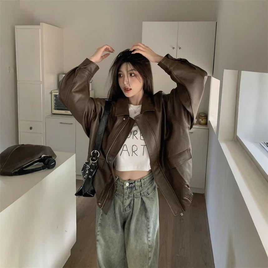 Long Sleeve Plain Faux Leather Loose-Fit Jacket Product Image