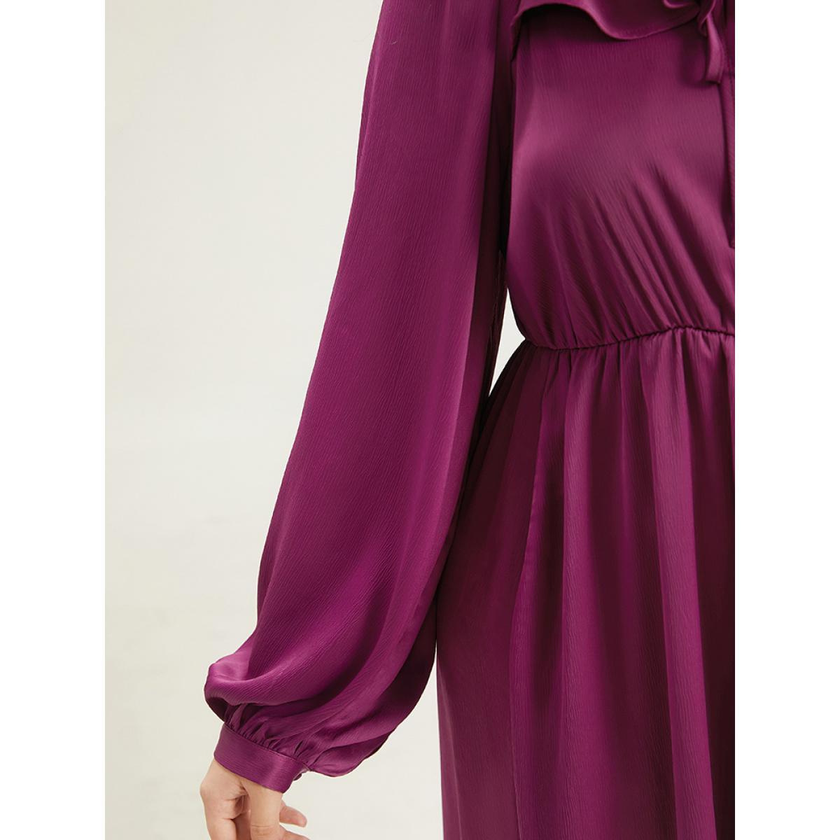 Plus Size Plain Flutter Trim Ties Split Side Dress Purple Women Elegant Gathered Square Neck Long Sleeve Curvy Midi Dress BloomChic 18-20/2X Product Image