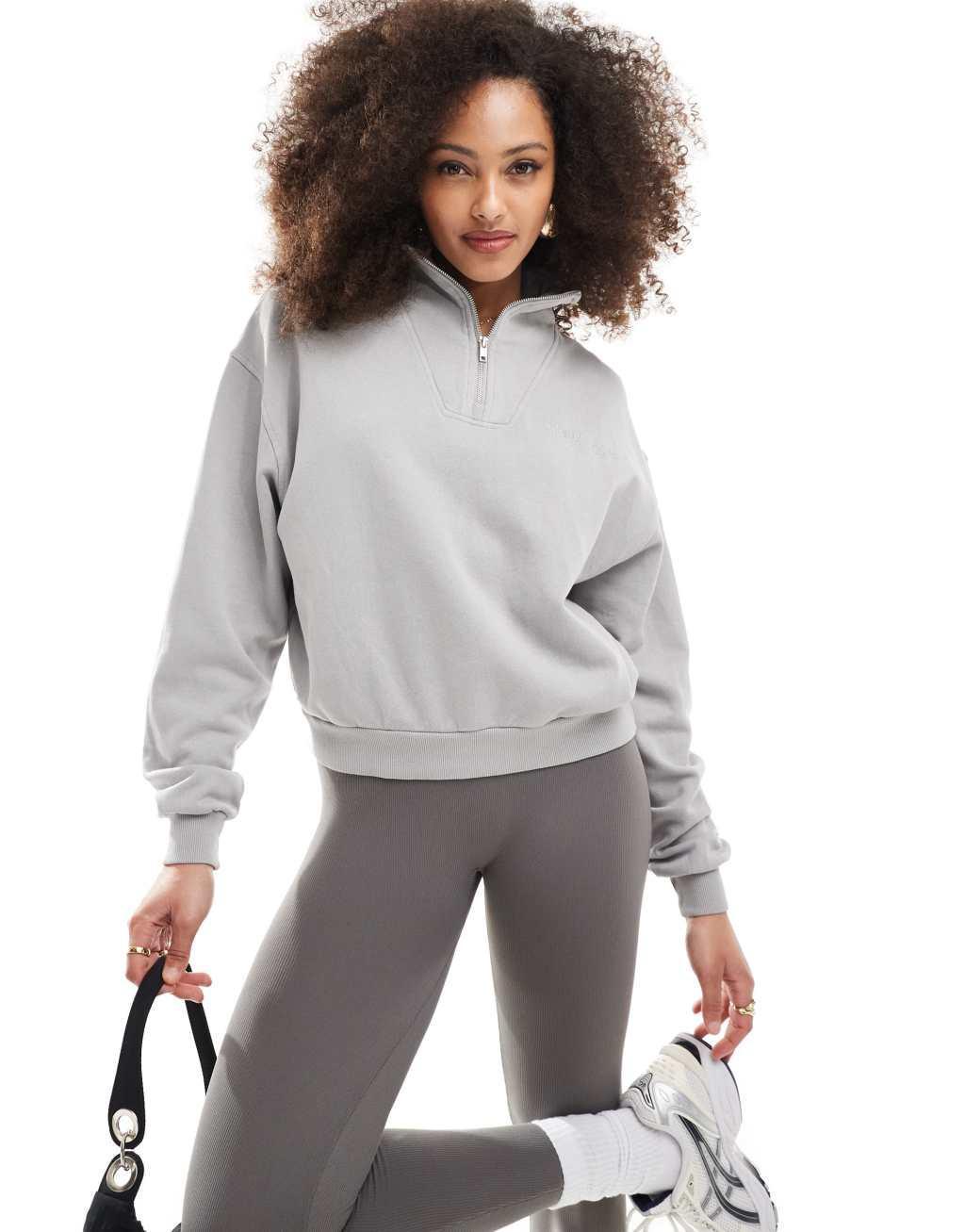 Pull&Bear half zip sweatshirt with tonal graphic in washed gray Product Image