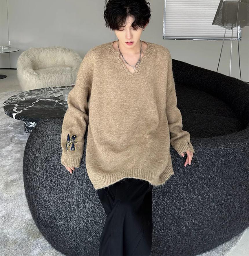 Notch Neck Letter Embroidered Oversized Sweater Product Image