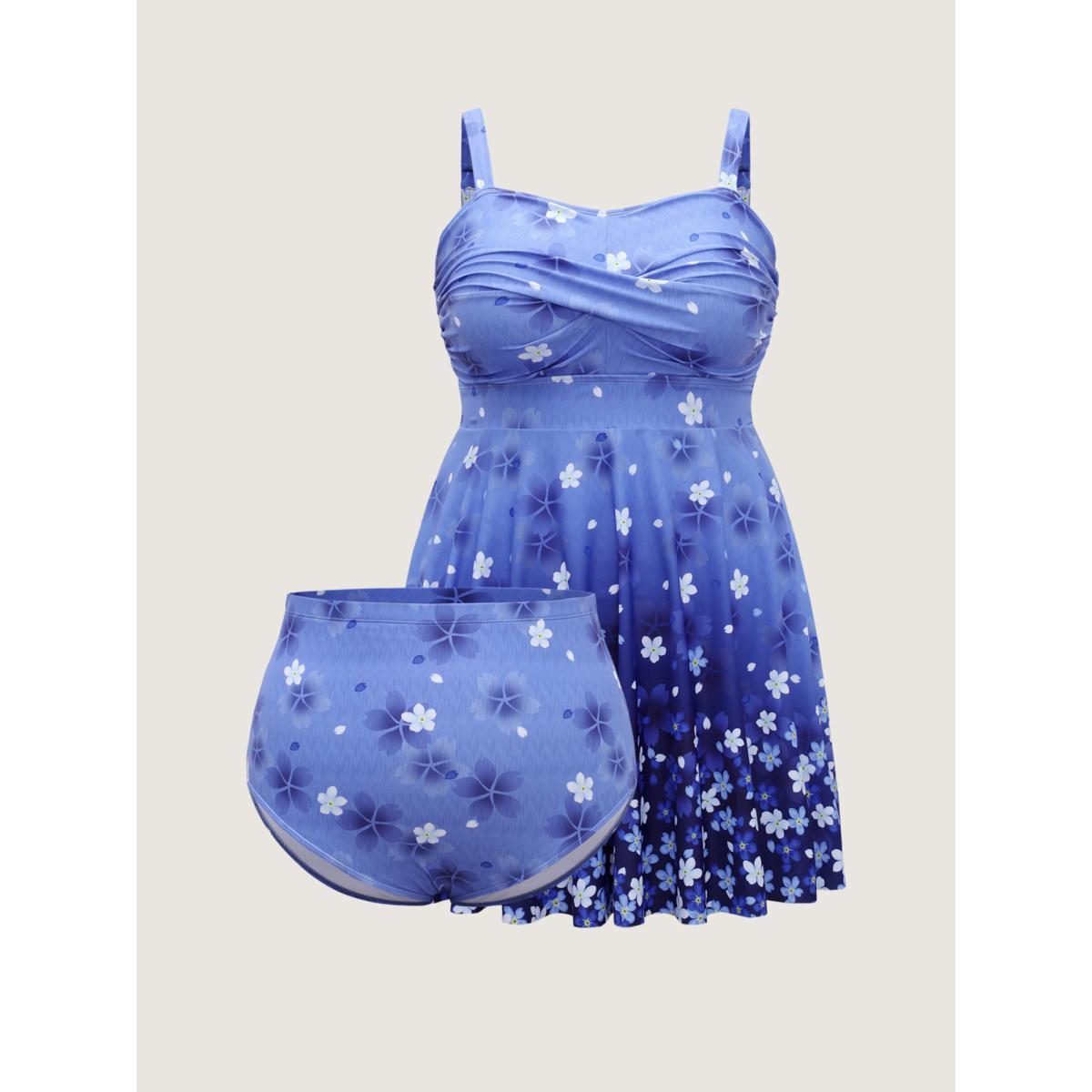 Plus Size Floral Print Twist Front Ombre Swim Dress Women's Swimwear Mediumblue Beach Bodycon Heart neckline High stretch Curve Swim Dresses BloomChic 22-24/3X Product Image