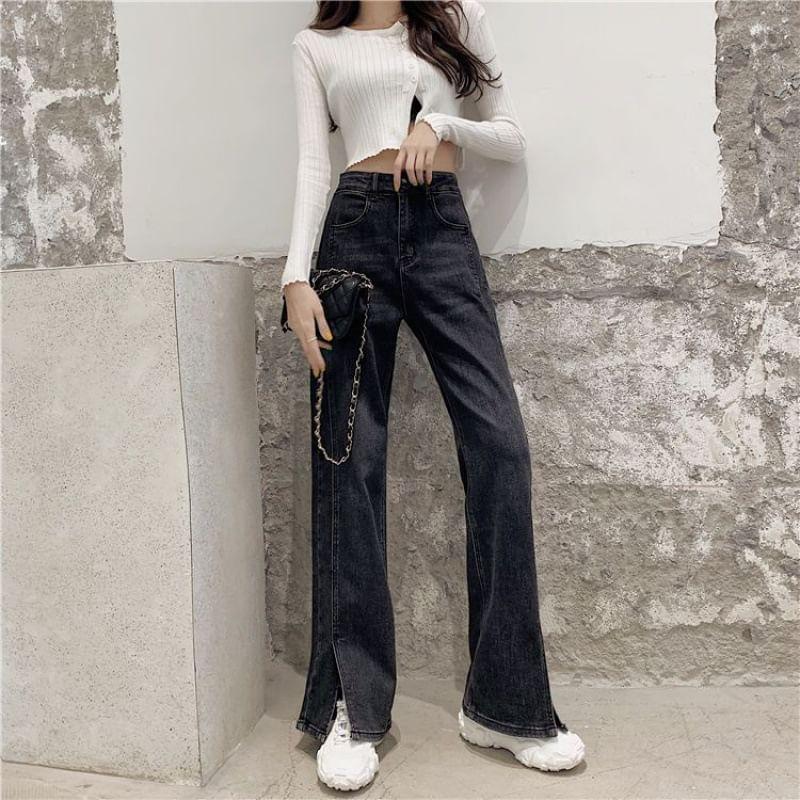 Mid Rise Washed Side-Slit Straight Leg Jeans Product Image