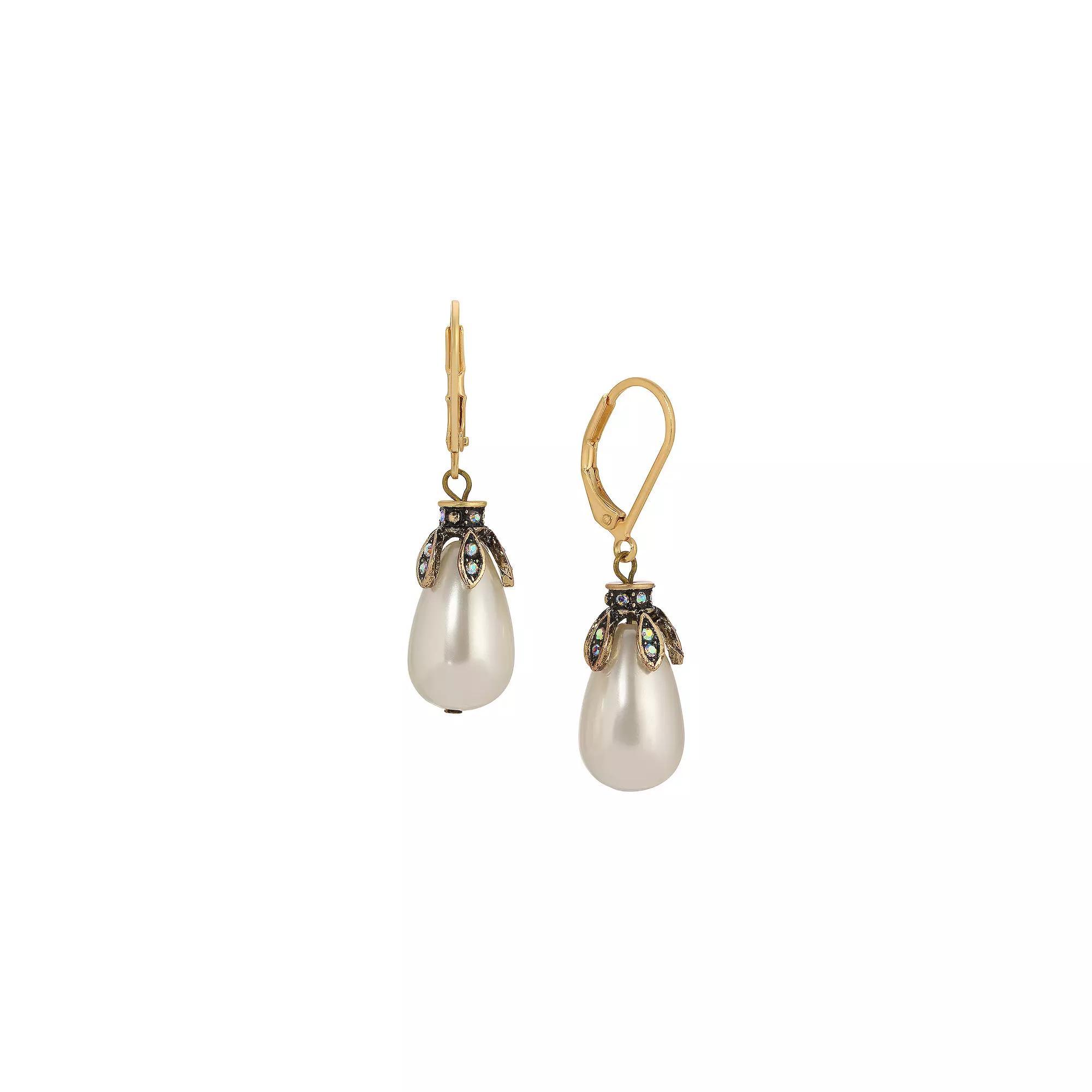 1928 Gold Tone Crystal & Simulated Pearl Teardrop Drop Earrings, Womens, White Product Image