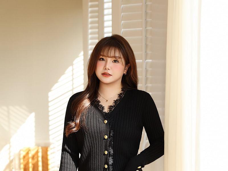 Plus Size V-Neck Plain Lace Trim Button Down Cardigan Product Image