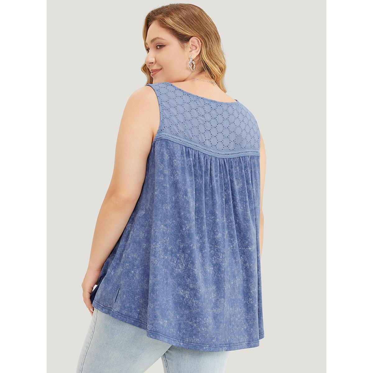 Plus Size Solid Plicated Detail Crochet Lace Tank Top Women Stone Elegant Gathered Round Neck Dailywear Tank Tops Camis BloomChic 10/M Product Image