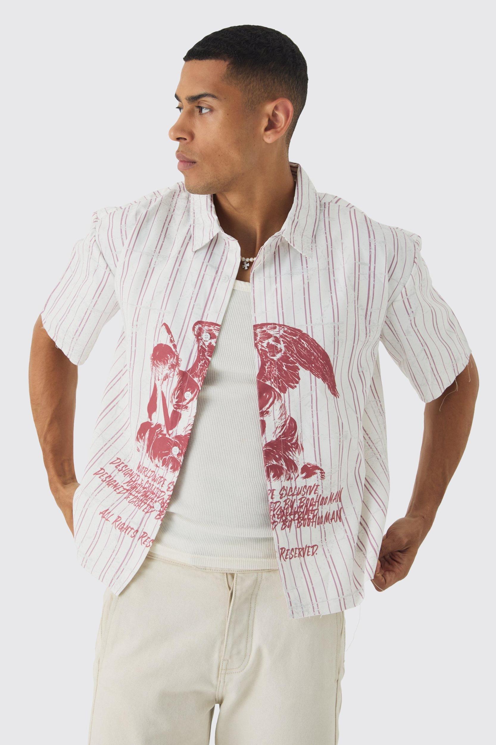 Mens Oversized Stripe Front Graphic Boxy Shirt - Beige Product Image