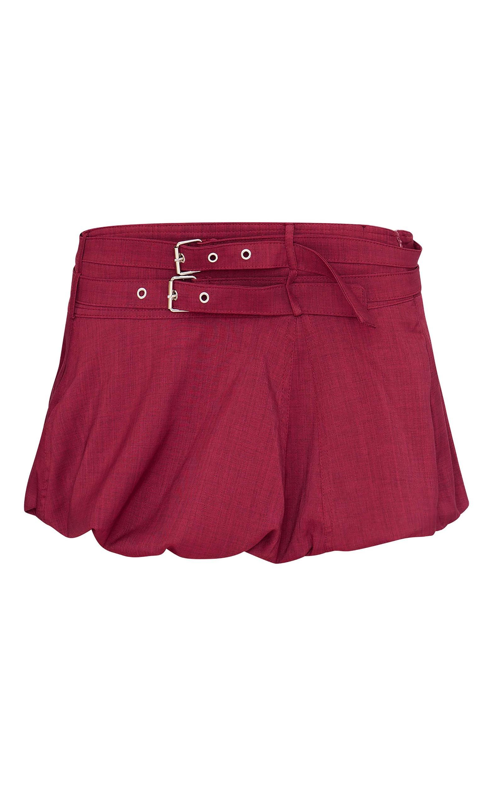 Burgundy Double Belt Detail Puffball Mini Skirt Product Image