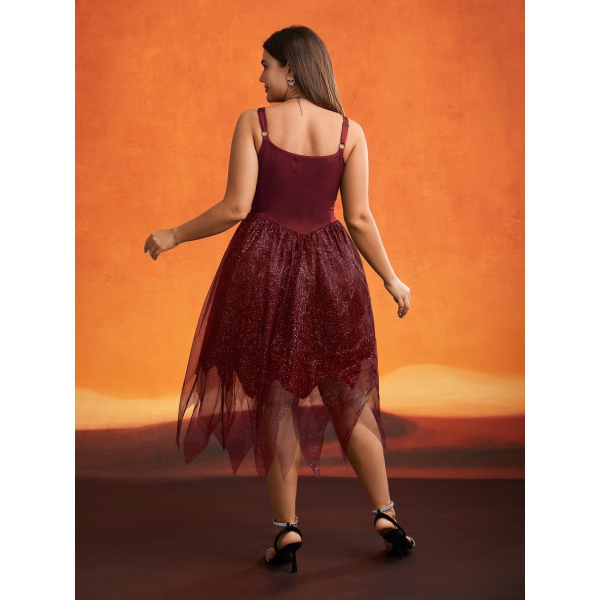 Plus Size Enchanted Shiny Mesh Petal Hem Midi Dress Burgundy Women Cocktail Texture Party Curvy Bloomchic 18-20/2X Product Image