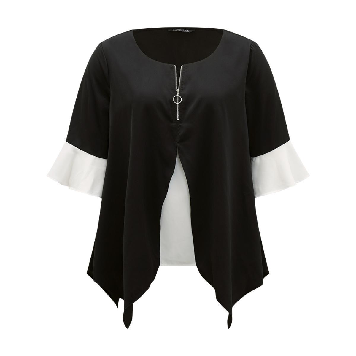Plus Size Black Anti-Wrinkle Contrast Zip Up Flutter Sleeve Hanky Hem Blouse Women Office Half Sleeve Round Neck Work Blouses BloomChic 14-16/1X Product Image