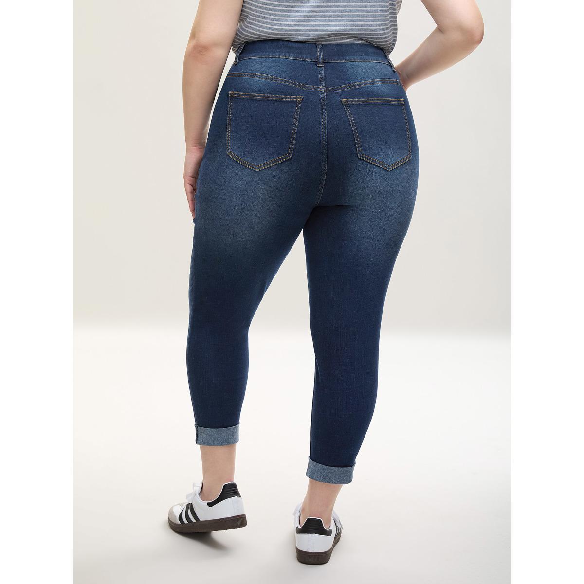 Plus Size Rolled Hem Cropped Skinny-Fit Jeans Women Denimindigo Work From Home Medium stretch Slanted pocket Jeans BloomChic 16/1X Product Image